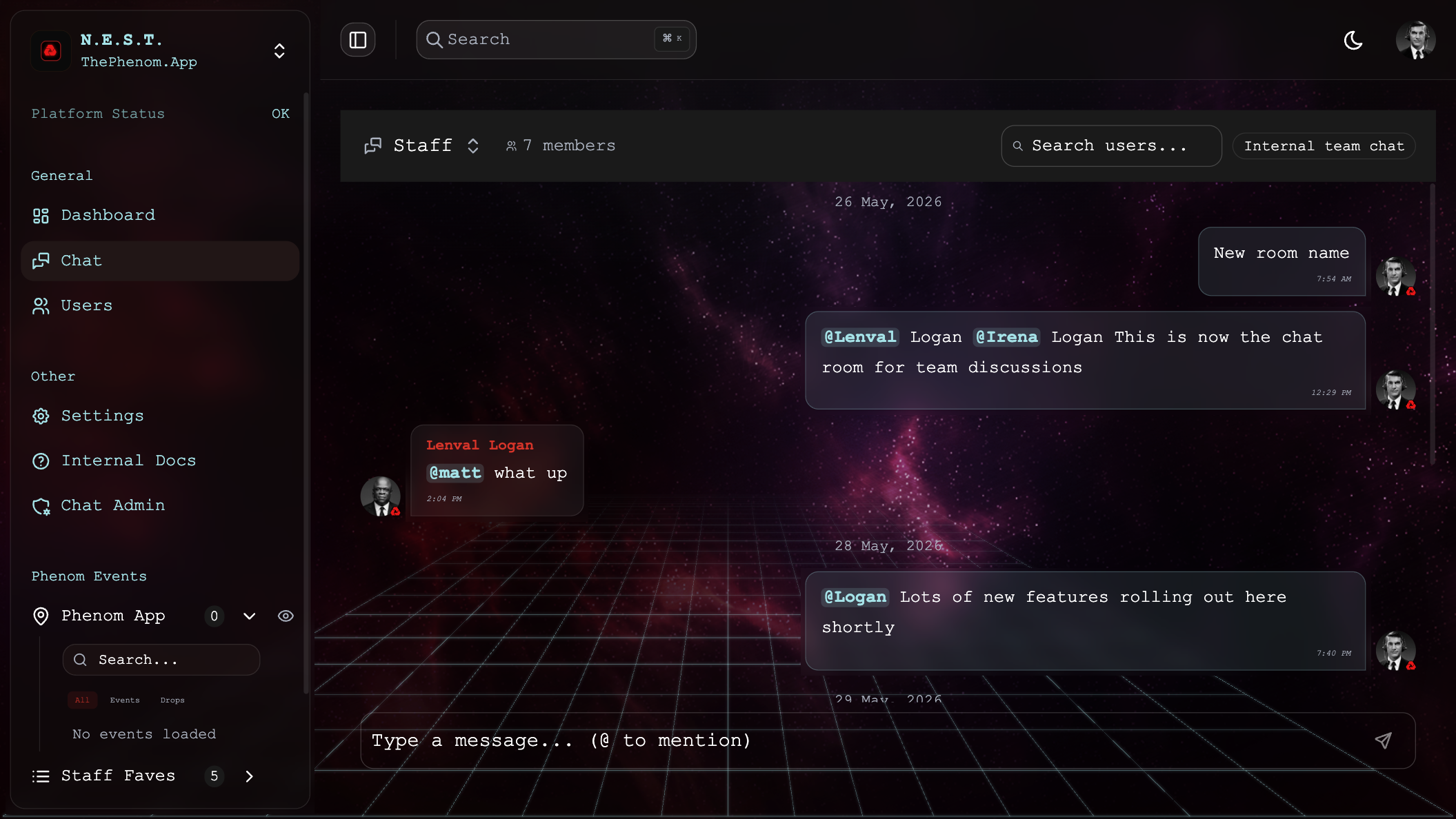 Messaging: conversation list with search, message threads, and compose area