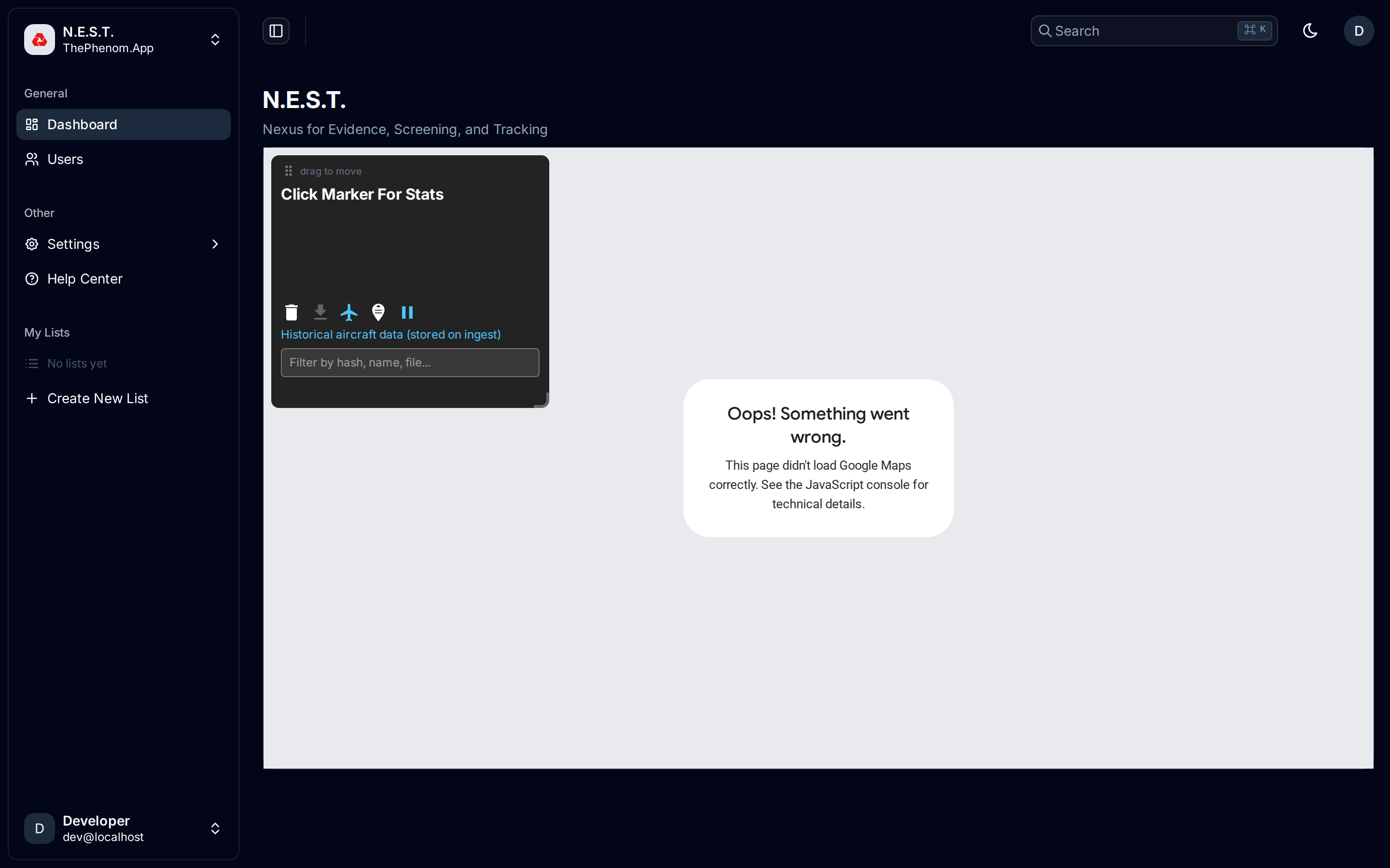 Dashboard — 3D Globe with sidebar overlay, toolbar, and “My Lists” section