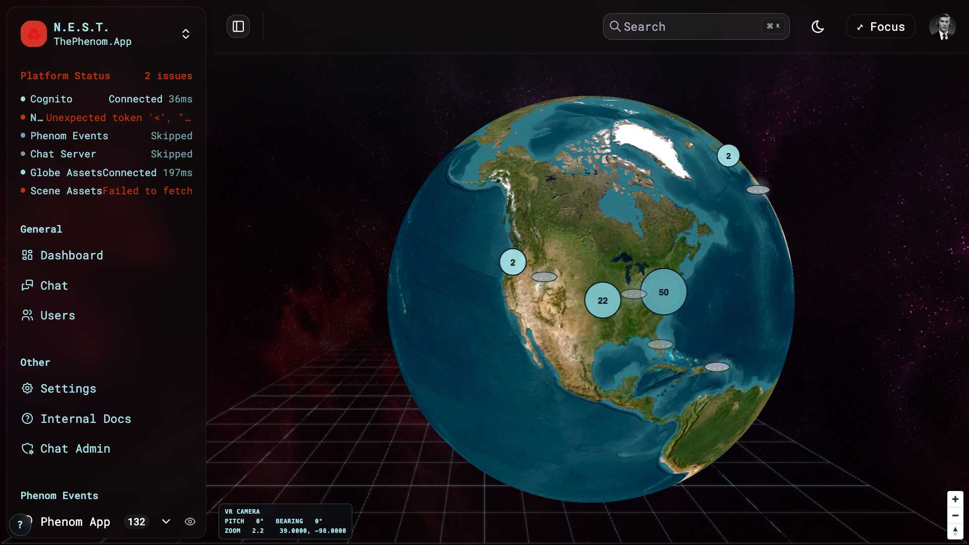 N.E.S.T. dashboard: the MapLibre globe with UFO markers, count clusters, the left sidebar (nav + Phenom Events), and the live VR-camera HUD