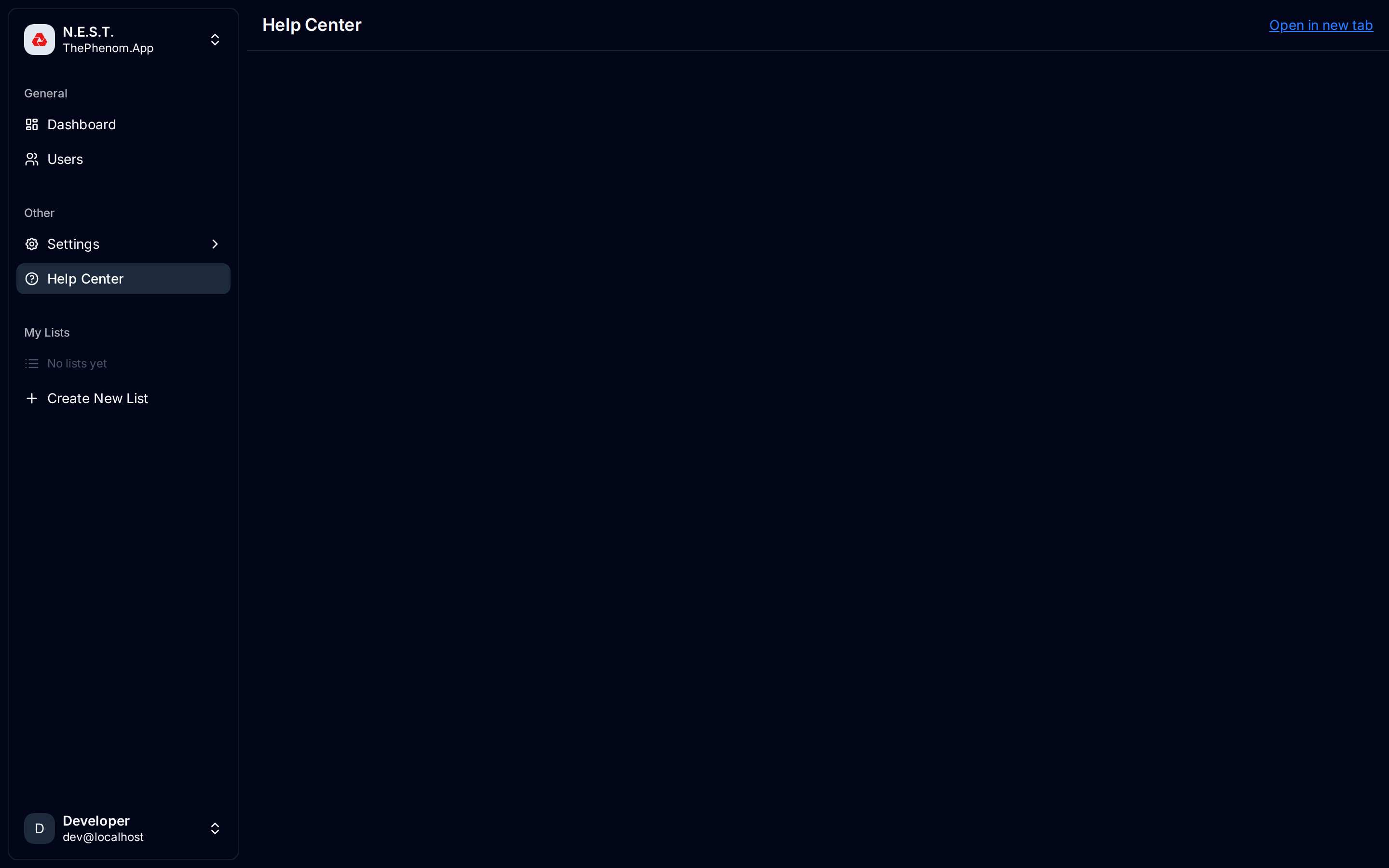 Help Center — embedded iframe with int-docs.thephenom.app and “Open in new tab” link