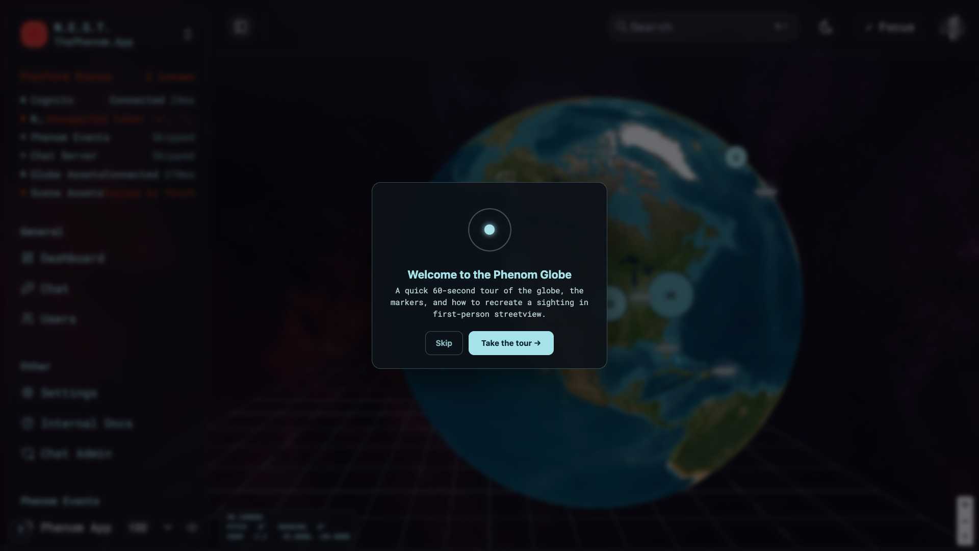 Onboarding welcome card over the globe, with an animated radar ping and “Take the tour” / “Skip”