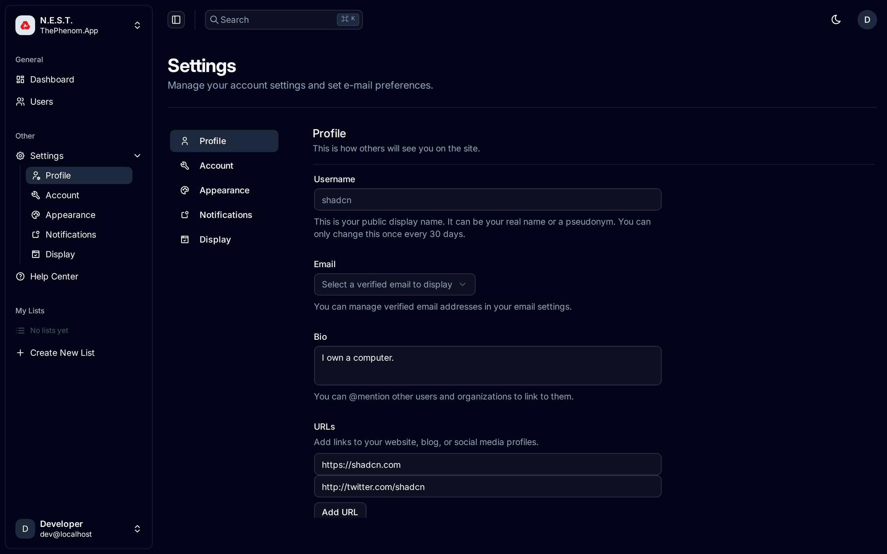 Profile settings — username, email selector, bio, and URLs
