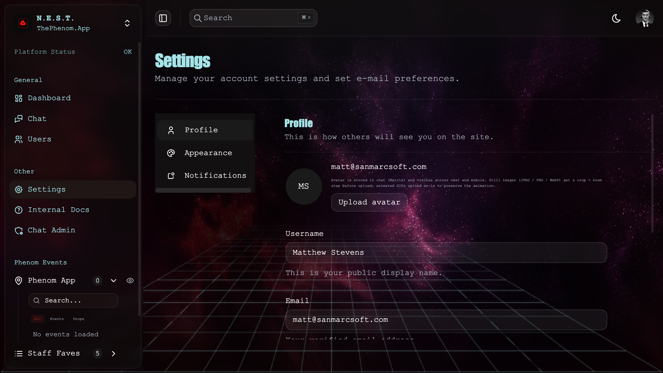 Settings page: Profile / Appearance / Notifications tabs