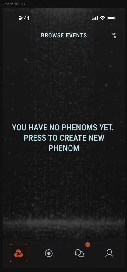 Peregrine empty state — prompting user to create first Phenom