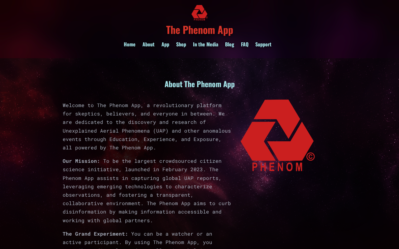 The Phenom App — About page showing Education, Experience, and Exposure pillars
