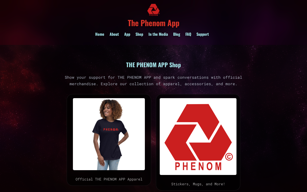 The Phenom App merchandise shop at www.thephenom.app/shop The Phenom App shop page